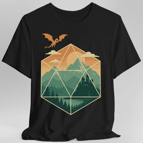 Black t-shirt with a geometric dice landscape design featuring a dragon, mountains, and a castle 