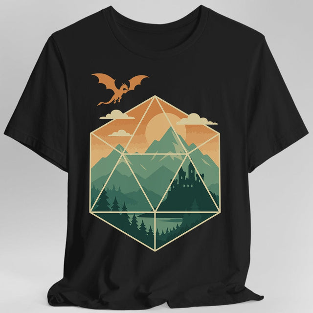 Black t-shirt with a geometric dice landscape design featuring a dragon, mountains, and a castle 