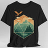 Black t-shirt with a geometric dice landscape design featuring a dragon, mountains, and a castle 