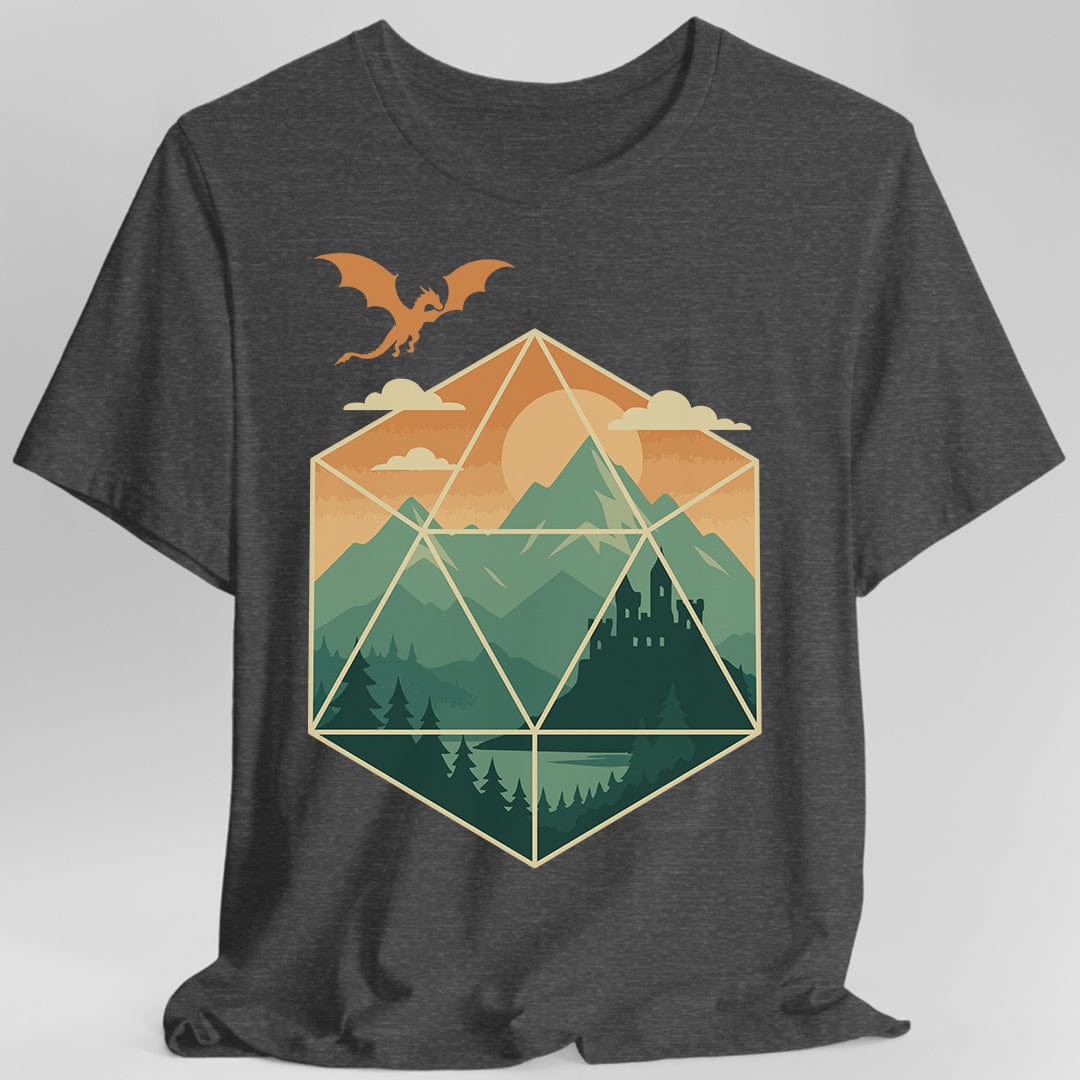Gray t-shirt with a geometric dice landscape design featuring a dragon, mountains, and a castle 