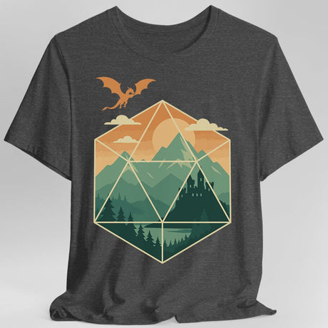 Gray t-shirt with a geometric dice landscape design featuring a dragon, mountains, and a castle 