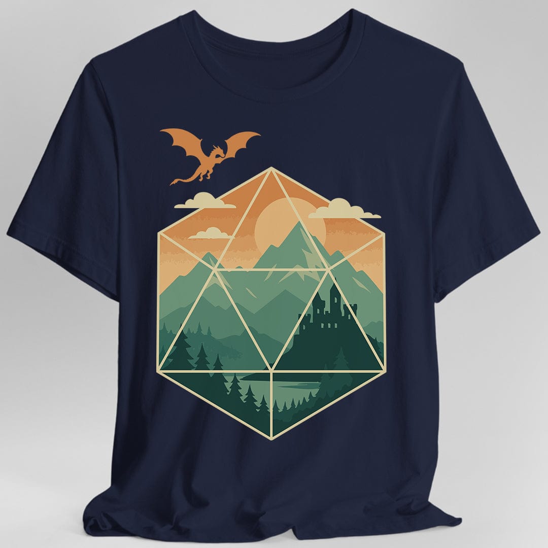 Navy t-shirt with a geometric dice landscape design featuring a dragon, mountains, and a castle 