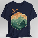 Navy t-shirt with a geometric dice landscape design featuring a dragon, mountains, and a castle 