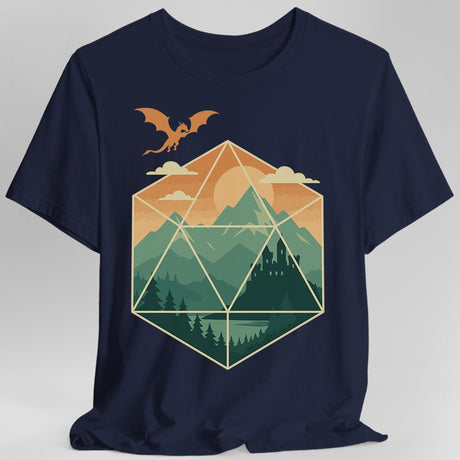 Navy t-shirt with a geometric dice landscape design featuring a dragon, mountains, and a castle 
