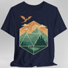 Navy t-shirt with a geometric dice landscape design featuring a dragon, mountains, and a castle 