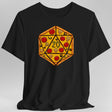 Black t-shirt with a pizza-themed d20 die design 