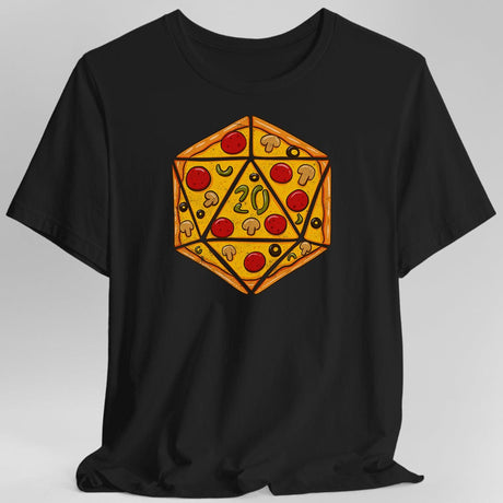Black t-shirt with a pizza-themed d20 die design 