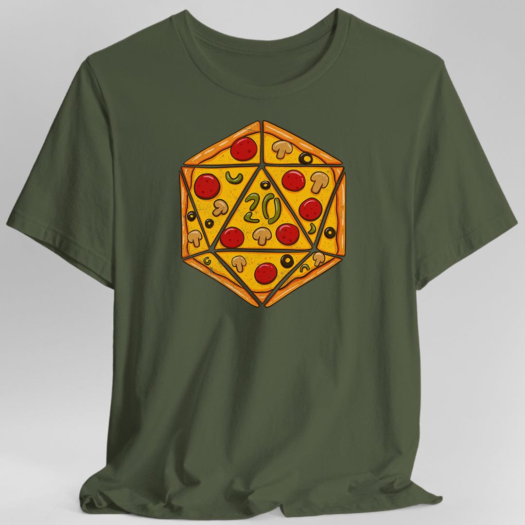Green t-shirt with a pizza-themed d20 die design 