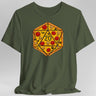 Green t-shirt with a pizza-themed d20 die design 