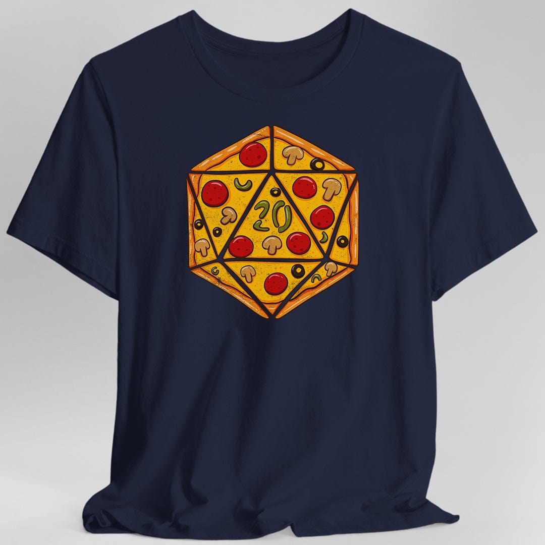 Navy blue  t-shirt with a pizza-themed d20 die design 