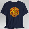 Navy blue  t-shirt with a pizza-themed d20 die design 