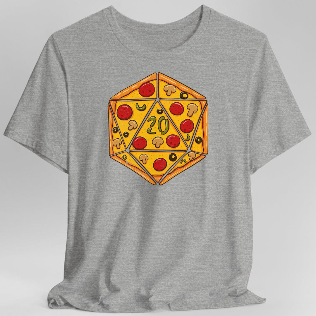 Gray  t-shirt with a pizza-themed d20 die design 