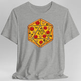 Gray  t-shirt with a pizza-themed d20 die design 