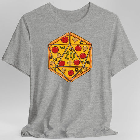 Gray  t-shirt with a pizza-themed d20 die design 