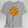 Gray  t-shirt with a pizza-themed d20 die design 