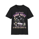 Black t-shirt with a cat graphic and text 'Let's Practice Dark Arts & Witch Crafts' on a white background