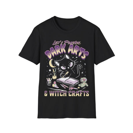 Black t-shirt with a cat graphic and text 'Let's Practice Dark Arts & Witch Crafts' on a white background