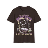 Dark brown t-shirt with a cat graphic and text 'Let's Practice Dark Arts & Witch Crafts' on a white background