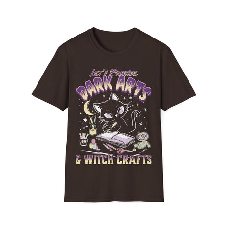 Dark brown t-shirt with a cat graphic and text 'Let's Practice Dark Arts & Witch Crafts' on a white background