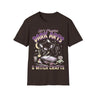 Dark brown t-shirt with a cat graphic and text 'Let's Practice Dark Arts & Witch Crafts' on a white background