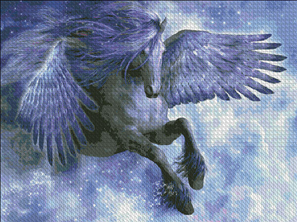Cross stitch mockup of a black pegasus flying through clouds in the night sky, art by Laurie Prindle