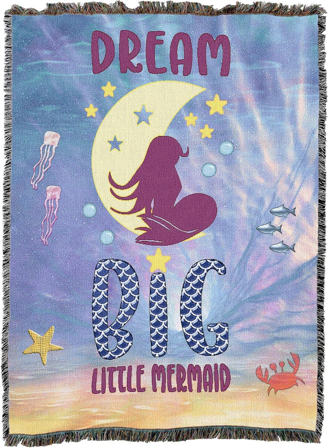 Tapestry blanket with mermaid on moon and the text "Dream Big Little Mermaid"