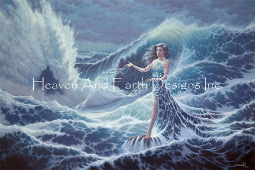 Cross stitch design of woman walking in the sea, dress made of water and controlling the waves