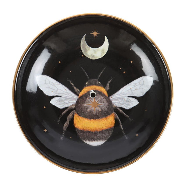 Incense burner dish, round, with bee and moon design