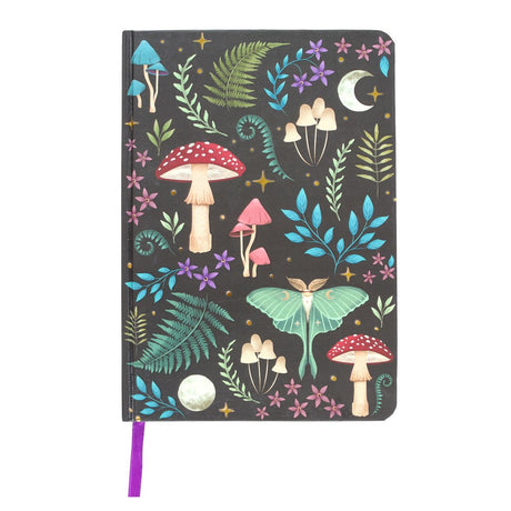 Notebook with mushroom, fern and moon forest-themed design 
