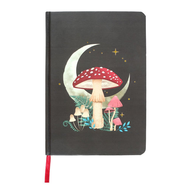 Black journal with moon and mushroom cover art, red ribbon bookmark