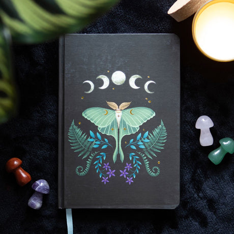 Journal with luna moth, flora and moon phases
