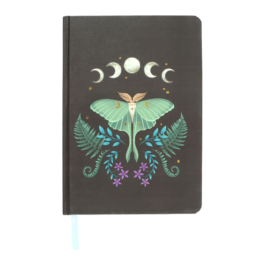 Journal with luna moth, flora and moon phases