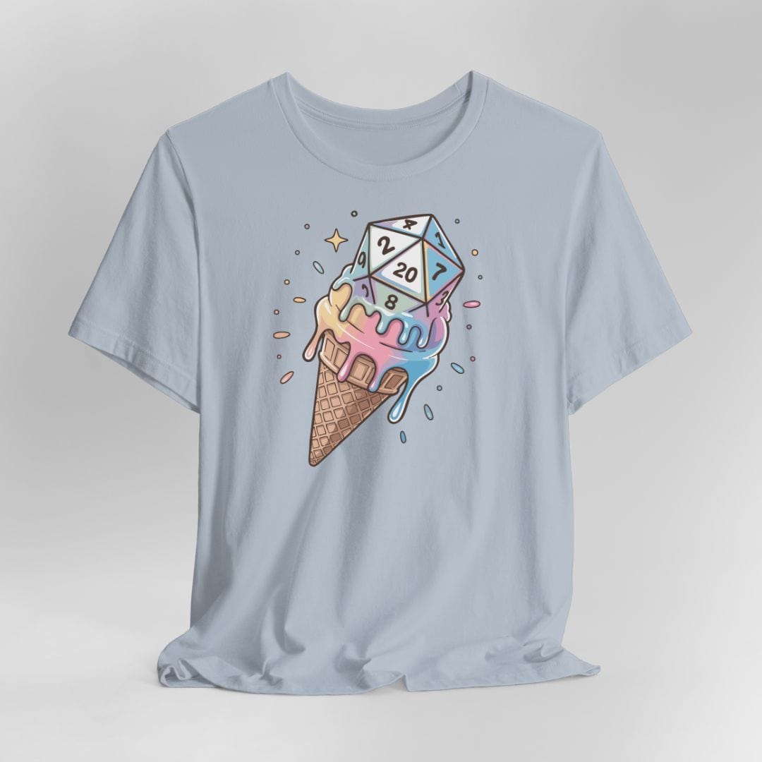 Light blue t-shirt with ice cream cone and dice design on a gray background