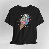 Black t-shirt with ice cream cone and die design on a gray background