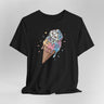 Black t-shirt with ice cream cone and die design on a gray background
