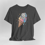Dark gray t-shirt with ice cream cone and die design on a light gray background