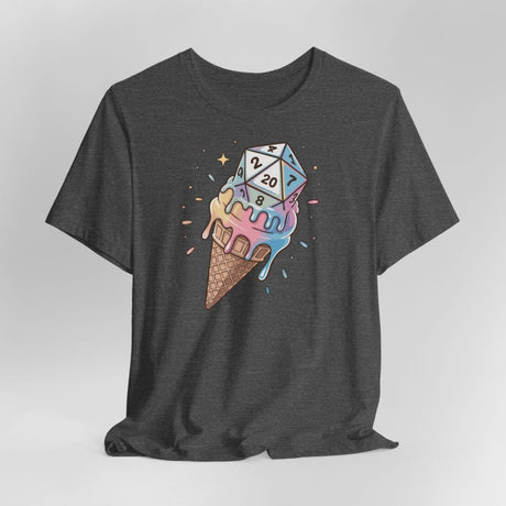 Dark gray t-shirt with ice cream cone and die design on a light gray background