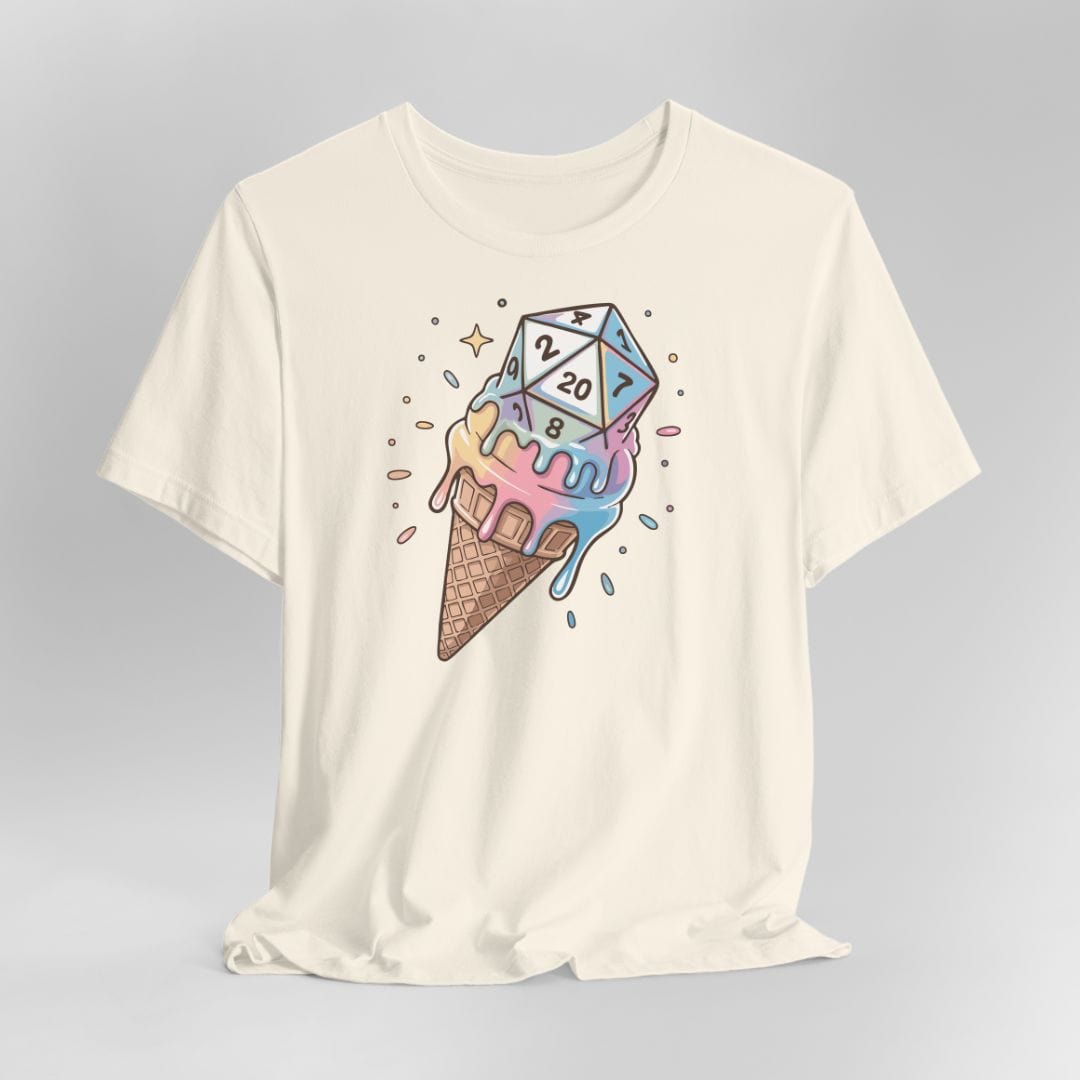 White t-shirt with ice cream cone and die design on a gray background