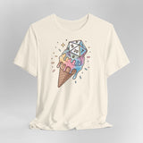 White t-shirt with ice cream cone and die design on a gray background