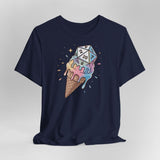 Navy blue t-shirt with ice cream cone and die design on a light gray background