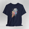 Navy blue t-shirt with ice cream cone and die design on a light gray background