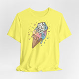 Yellow t-shirt with ice cream cone and die design on a light gray background