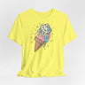 Yellow t-shirt with ice cream cone and die design on a light gray background