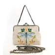Handbag with embroidered dragonfly design in beige, detachable strap or chain option