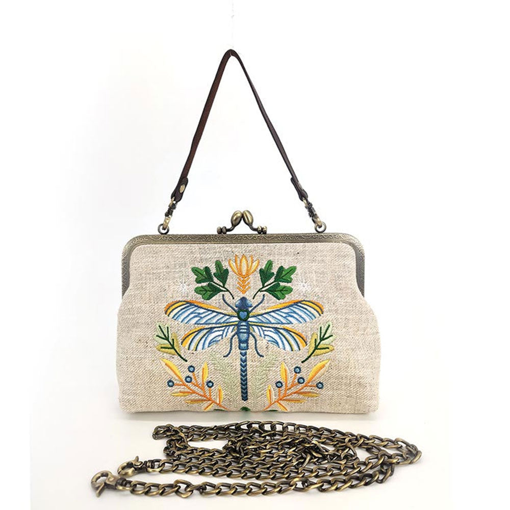 Handbag with embroidered dragonfly design in beige, detachable strap or chain option