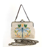 Handbag with embroidered dragonfly design in beige, detachable strap or chain option