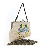 Handbag with embroidered dragonfly design in beige, detachable strap or chain option