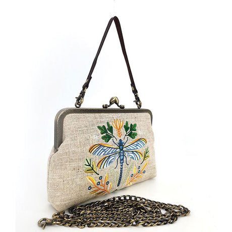 Handbag with embroidered dragonfly design in beige, detachable strap or chain option