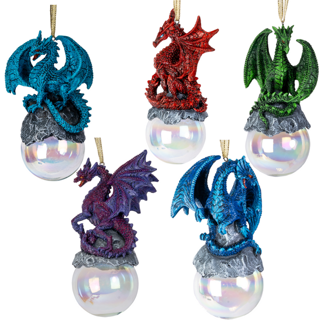 Set of five dragon-themed Christmas ornaments on glass orbs