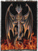 Tapestry blanket of dragon holding sword hovering above fire on black background